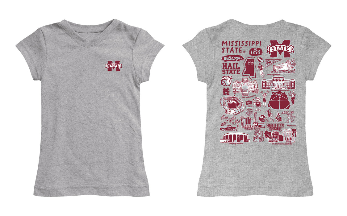 Mississippi State Bulldogs Hand Sketched Vive La Fete Impressions Artwork Grey Girls Cotton Short Sleeve Tee - Vive La Fête - Online Apparel Store