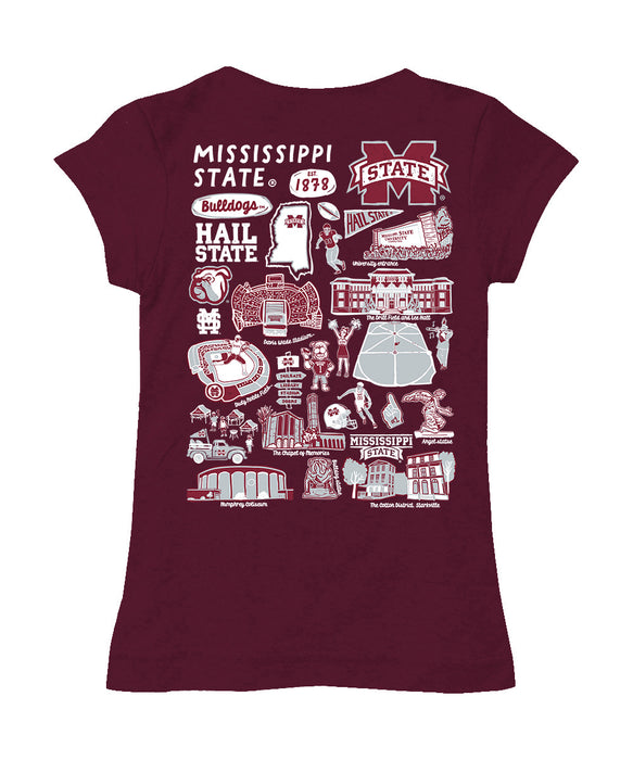 Mississippi State Bulldogs Hand Sketched Vive La Fete Impressions Artwork Maroon Girls Cotton Short Sleeve Tee - Vive La Fête - Online Apparel Store