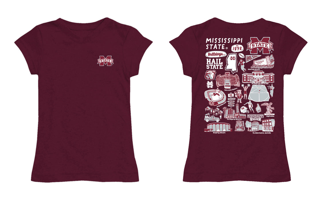 Mississippi State Bulldogs Hand Sketched Vive La Fete Impressions Artwork Maroon Girls Cotton Short Sleeve Tee - Vive La Fête - Online Apparel Store