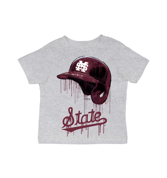 Mississippi State Bulldogs Original Dripping Baseball Helmet Grey Cotton T-Shirt  by Vive La Fete