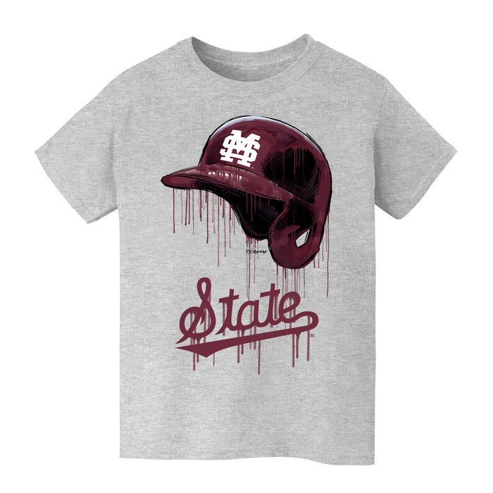 Mississippi State Bulldogs Original Dripping Baseball Helmet Grey Cotton T-Shirt  by Vive La Fete
