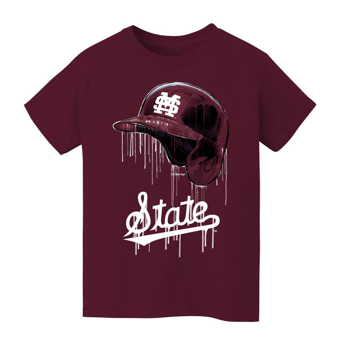 Mississippi State Bulldogs Original Dripping Baseball Helmet Maroon T-Shirt Cotton by Vive La Fete