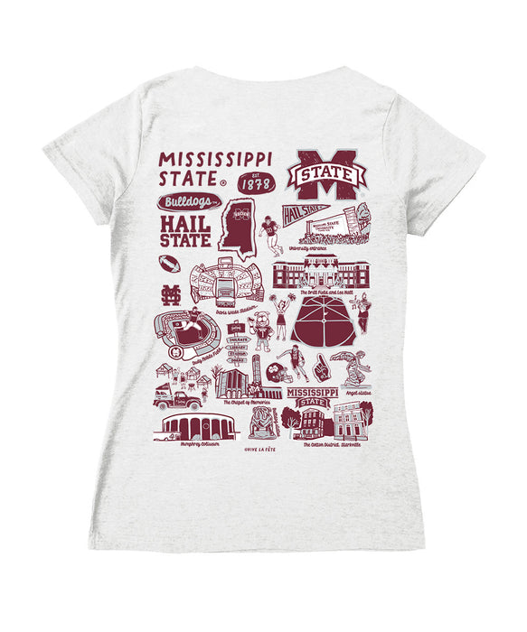 Mississippi State Bulldogs Hand Sketched Vive La Fete Impressions Artwork Grey Women Cotton Short Sleeve V-Neck Tshirt