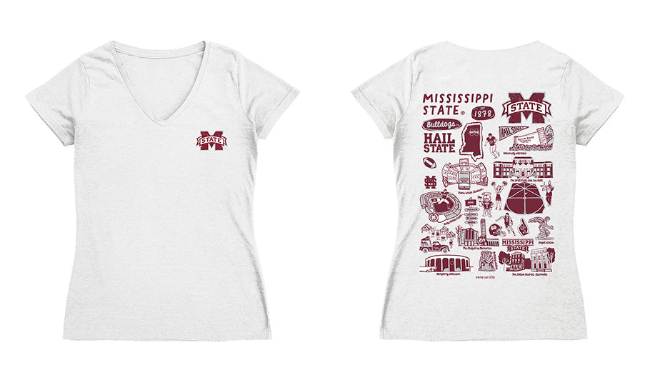 Mississippi State Bulldogs Hand Sketched Vive La Fete Impressions Artwork Grey Women Cotton Short Sleeve V-Neck Tshirt