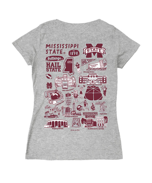 Mississippi State Bulldogs Hand Sketched Vive La Fete Impressions Artwork Grey Women Cotton Short Sleeve V-Neck Tshirt