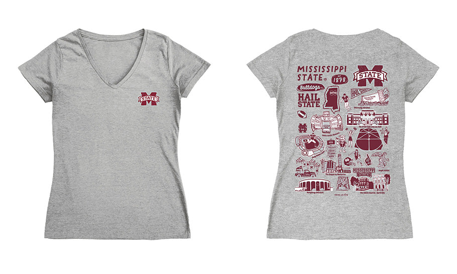 Mississippi State Bulldogs Hand Sketched Vive La Fete Impressions Artwork Grey Women Cotton Short Sleeve V-Neck Tshirt