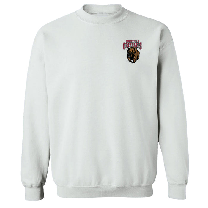 University of Montana Grizzlies Hand Sketched Vive La Fete Impressions Artwork White Crew Neck Sweatshirt for Women