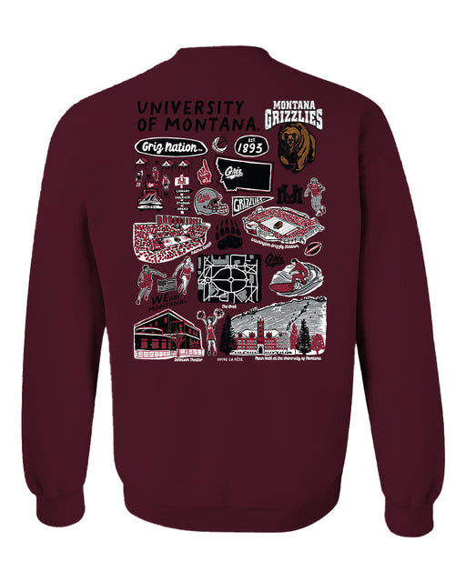 University of Montana Grizzlies Hand Sketched Artwork Maroon Crewneck Sweatshirt for Women - Vive La Fête - Online Apparel Store