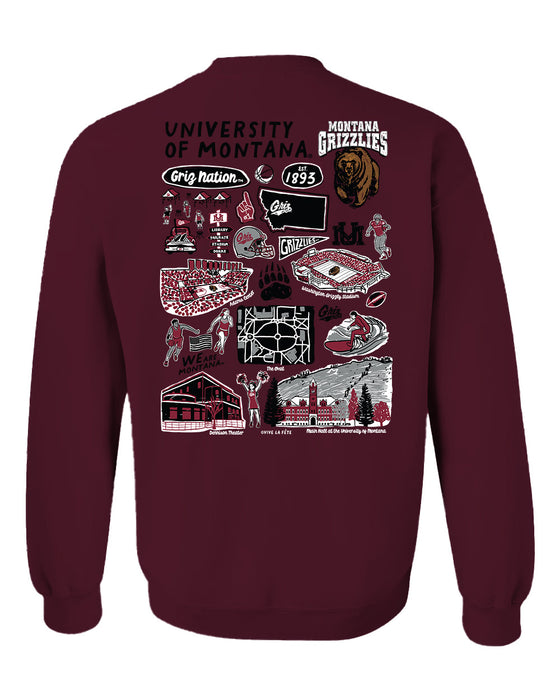 University of Montana Grizzlies Hand Sketched Artwork Maroon Crewneck Sweatshirt for Women - Vive La Fête - Online Apparel Store