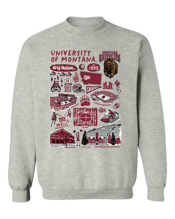 University of Montana Grizzlies Hand Sketched Vive La Fete Impressions Grey Cotton Crewneck Sweatshirt for Women