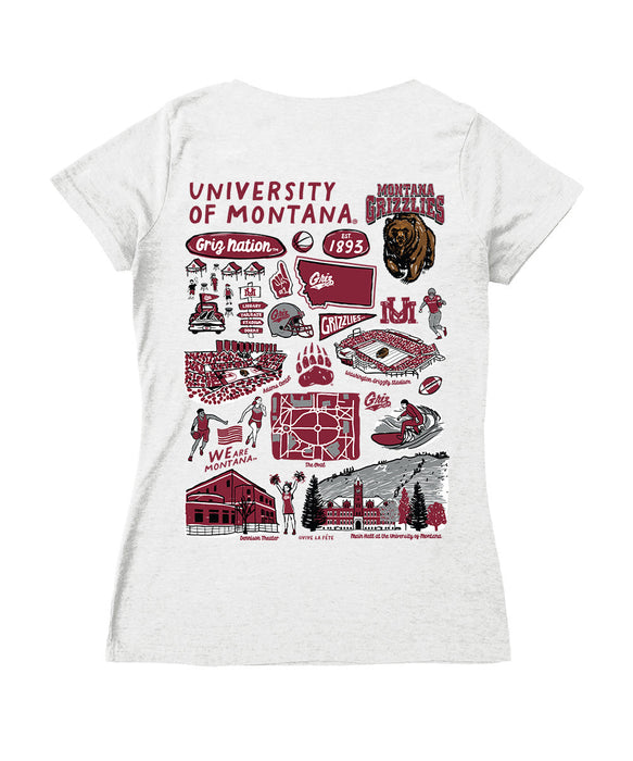 Montana Grizzlies UMT Hand Sketched Vive La Fete Impressions Artwork Maroon Women Cotton Short Sleeve V-Neck Tshirt