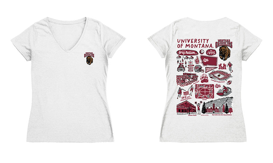 Montana Grizzlies UMT Hand Sketched Vive La Fete Impressions Artwork Maroon Women Cotton Short Sleeve V-Neck Tshirt