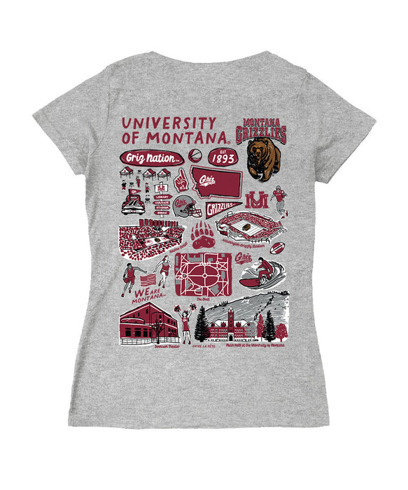 Montana Grizzlies UMT Hand Sketched Vive La Fete Impressions Artwork Maroon Women Cotton Short Sleeve V-Neck Tshirt