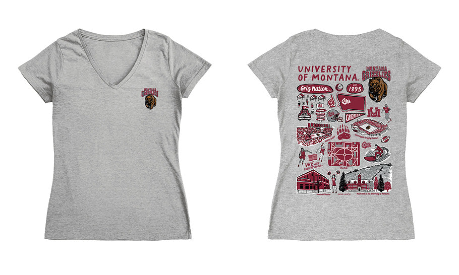 Montana Grizzlies UMT Hand Sketched Vive La Fete Impressions Artwork Maroon Women Cotton Short Sleeve V-Neck Tshirt