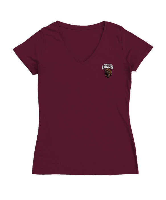 Montana Grizzlies UMT Hand Sketched Vive La Fete Impressions Artwork Maroon Women Cotton Short Sleeve V-Neck Tshirt