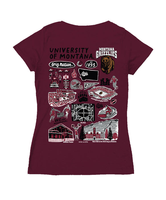 Montana Grizzlies UMT Hand Sketched Vive La Fete Impressions Artwork Maroon Women Cotton Short Sleeve V-Neck Tshirt