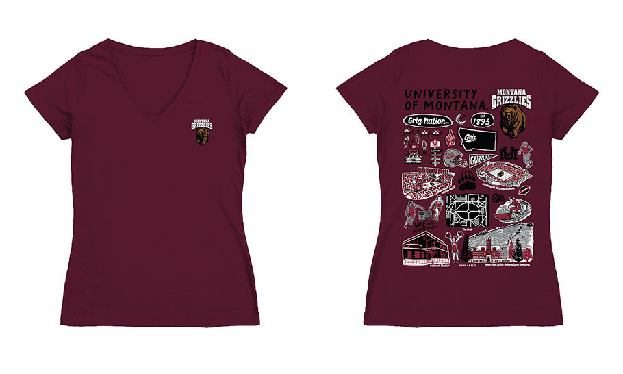 Montana Grizzlies UMT Hand Sketched Vive La Fete Impressions Artwork Maroon Women Cotton Short Sleeve V-Neck Tshirt