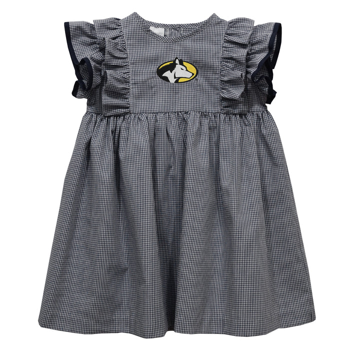 Michigan Tech Huskies MTU Embroidered Black Gingham Ruffle Dress