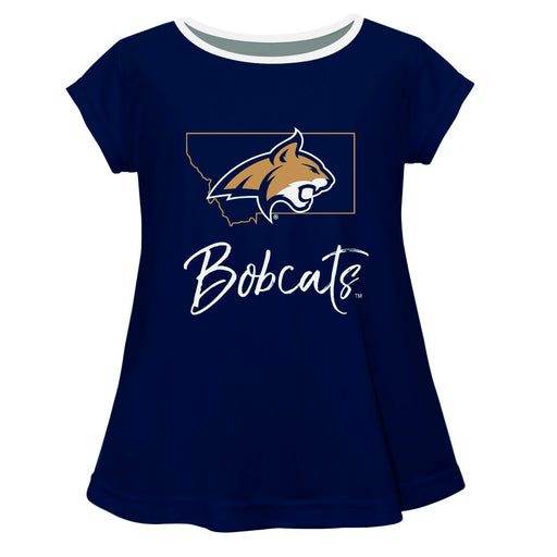 Montana State Bobcats MSU Vive La Fete Girls Game Day Short Sleeve Blue Top with School Logo and Name