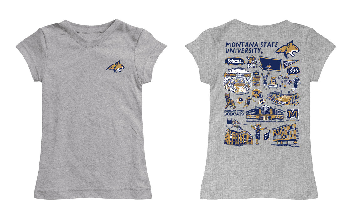 Montana State Bobcats MSU Hand Sketched Vive La Fete Impressions Artwork Grey Girls Cotton Short Sleeve Tee - Vive La Fête - Online Apparel Store