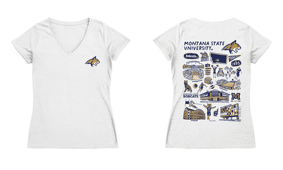 Montana State Bobcats MSU Hand Sketched Vive La Fete Impressions Artwork Navy Women Cotton Short Sleeve V-Neck Tshirt