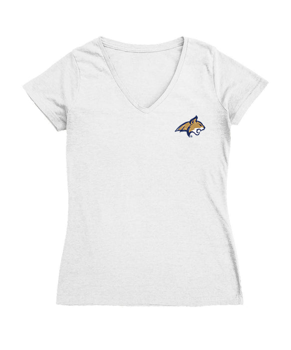 Montana State Bobcats MSU Hand Sketched Vive La Fete Impressions Artwork White Women Cotton Short Sleeve V-Neck Tshirt