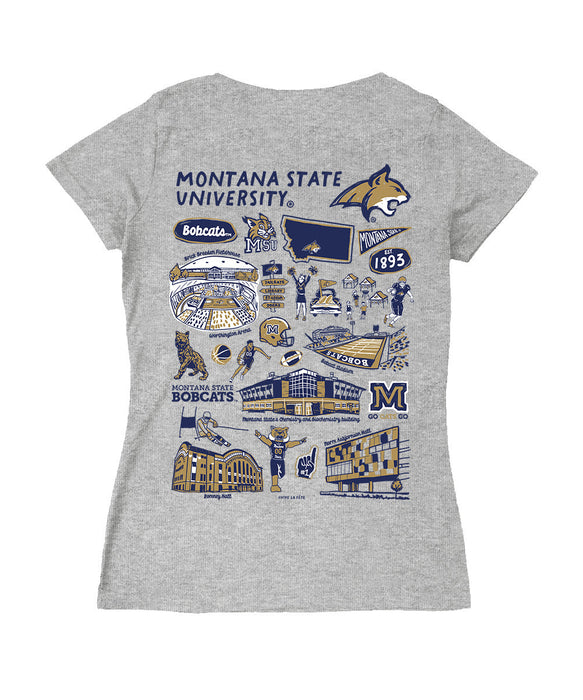 Montana State Bobcats MSU Hand Sketched Vive La Fete Impressions Artwork Navy Women Cotton Short Sleeve V-Neck Tshirt