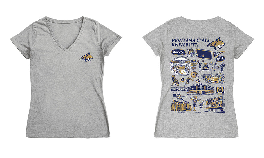 Montana State Bobcats MSU Hand Sketched Vive La Fete Impressions Artwork Navy Women Cotton Short Sleeve V-Neck Tshirt