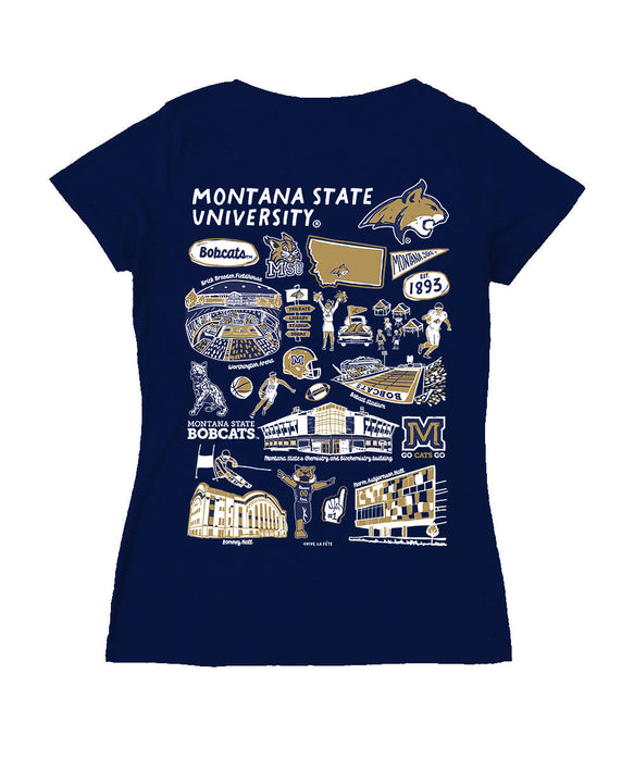 Montana State Bobcats MSU Hand Sketched Vive La Fete Impressions Artwork Navy Women Cotton Short Sleeve V-Neck Tshirt