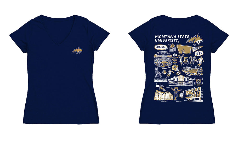 Montana State Bobcats MSU Hand Sketched Vive La Fete Impressions Artwork Navy Women Cotton Short Sleeve V-Neck Tshirt