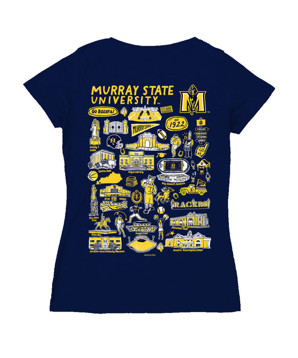 Murray State Racers Hand Sketched Vive La Fete Impressions Artwork Navy Women Cotton Short Sleeve V-Neck Tshirt