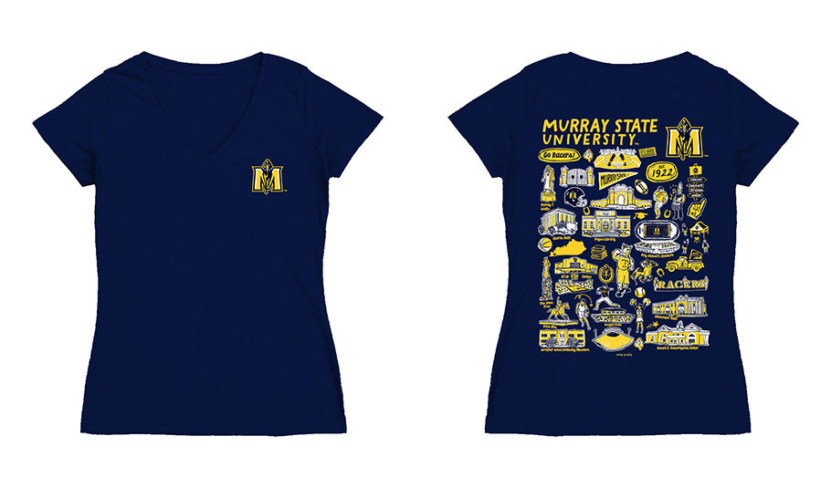 Murray State Racers Hand Sketched Vive La Fete Impressions Artwork Navy Women Cotton Short Sleeve V-Neck Tshirt