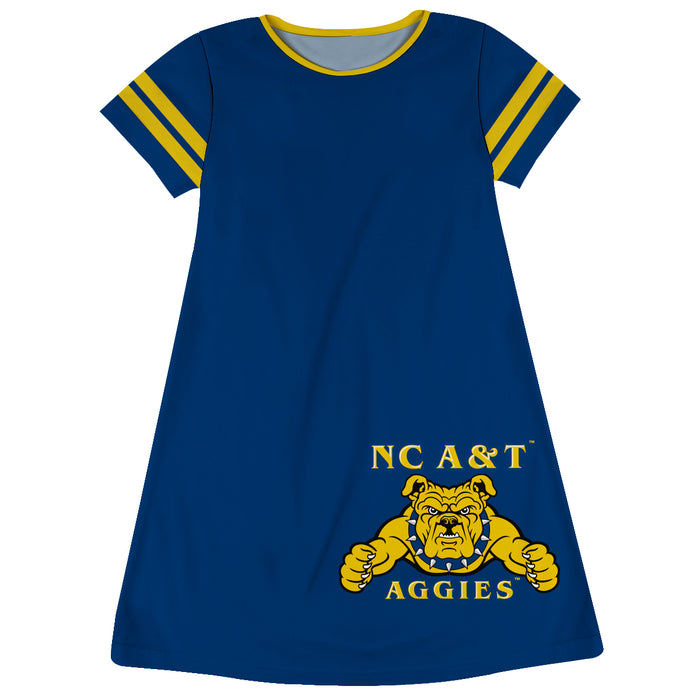 North Carolina A&T Aggies Vive La Fete Girls Game Day Short Sleeve Blue A-Line Dress with large Logo