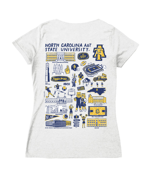 North Carolina A&T Aggies Hand Sketched Vive La Fete Impressions Artwork Navy Women Cotton Short Sleeve V-Neck Tshirt