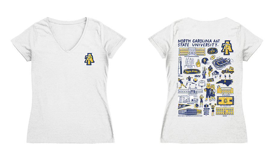 North Carolina A&T Aggies Hand Sketched Vive La Fete Impressions Artwork Navy Women Cotton Short Sleeve V-Neck Tshirt