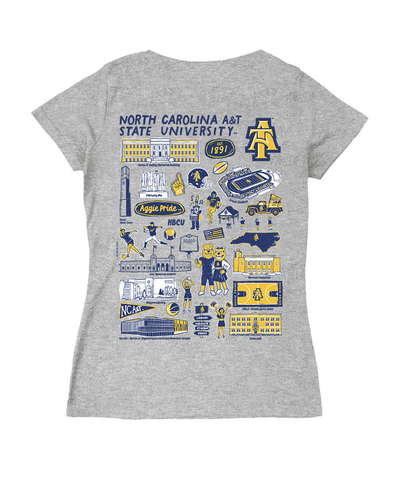 North Carolina A&T Aggies Hand Sketched Vive La Fete Impressions Artwork Navy Women Cotton Short Sleeve V-Neck Tshirt