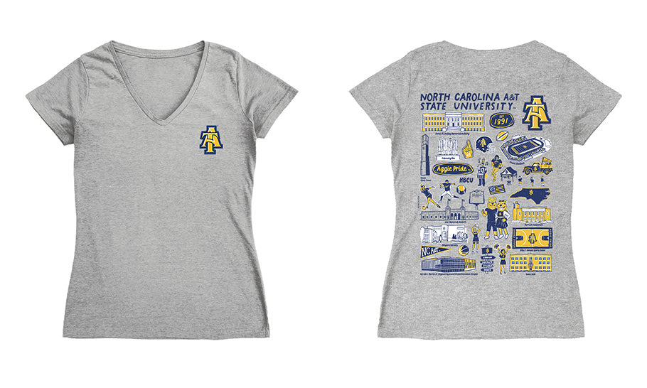North Carolina A&T Aggies Hand Sketched Vive La Fete Impressions Artwork Navy Women Cotton Short Sleeve V-Neck Tshirt