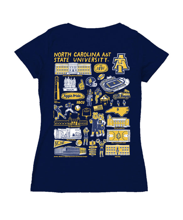 North Carolina A&T Aggies Hand Sketched Vive La Fete Impressions Artwork Navy Women Cotton Short Sleeve V-Neck Tshirt
