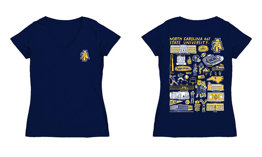 North Carolina A&T Aggies Hand Sketched Vive La Fete Impressions Artwork Navy Women Cotton Short Sleeve V-Neck Tshirt