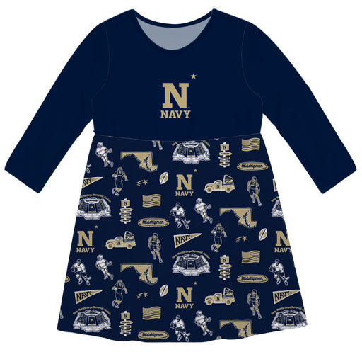 US Naval Academy Midshipmen Long Sleeve Solid Navy Repeat Print Hand Sketched Impressions Artwork on Skirt