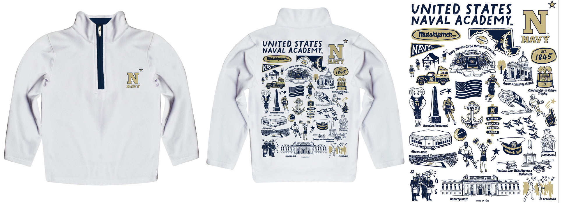 US Naval Academy Midshipmen Hand Sketched Vive La Fete Impressions Artwork White Boys Quarter Zip Pullover V1 - Vive La Fête - Online Apparel Store