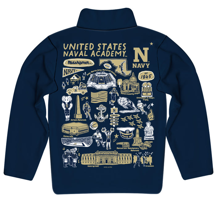US Naval Academy Midshipmen Hand Sketched Vive La Fete Impressions Artwork  Navy Quarter Zip Pullover V1