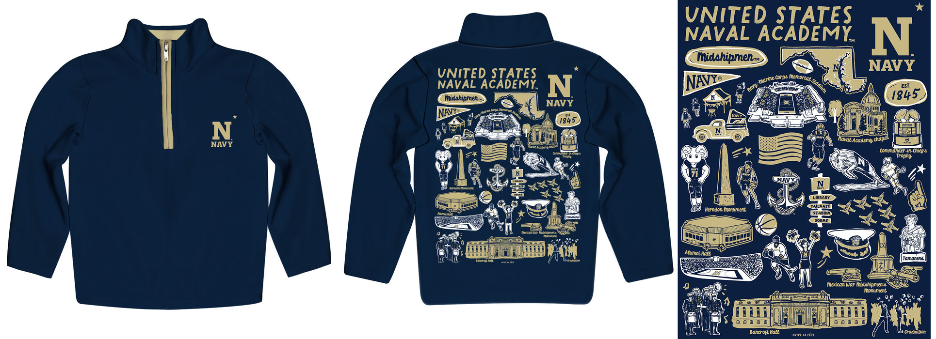 US Naval Academy Midshipmen Hand Sketched Vive La Fete Impressions Artwork NavyBlack Quarter Zip Pullover V1 - Vive La Fête - Online Apparel Store