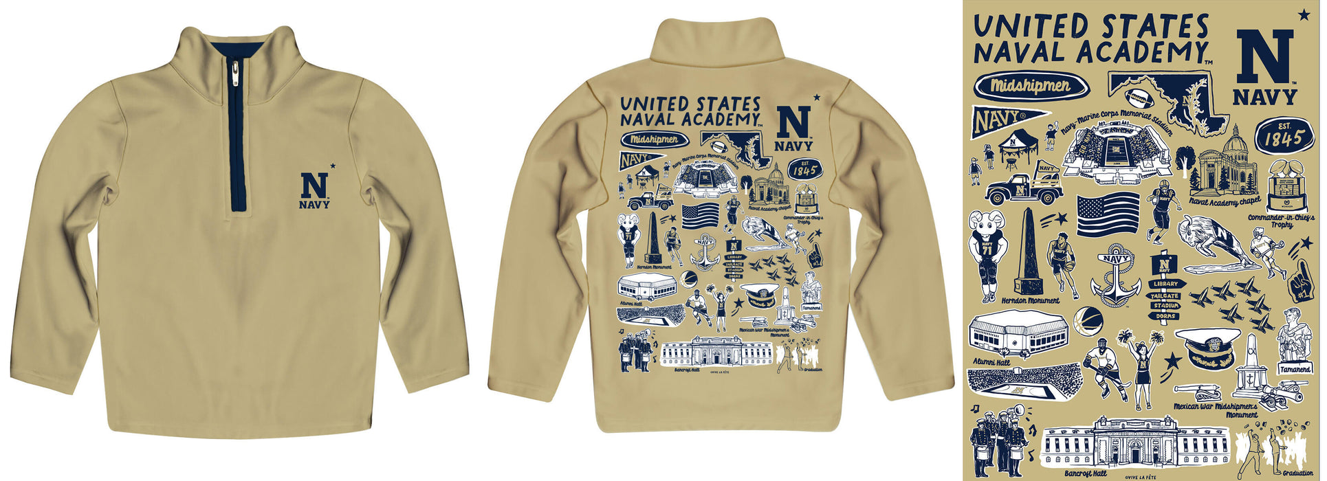 US Naval Academy Midshipmen Hand Sketched Vive La Fete Impressions Artwork Gold Quarter Zip Pullover V1 - Vive La Fête - Online Apparel Store