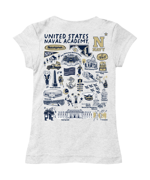 US Naval Academy Midshipmen Hand Sketched Vive La Fete Impressions Artwork White Girls Cotton Short Sleeve Tee - Vive La Fête - Online Apparel Store