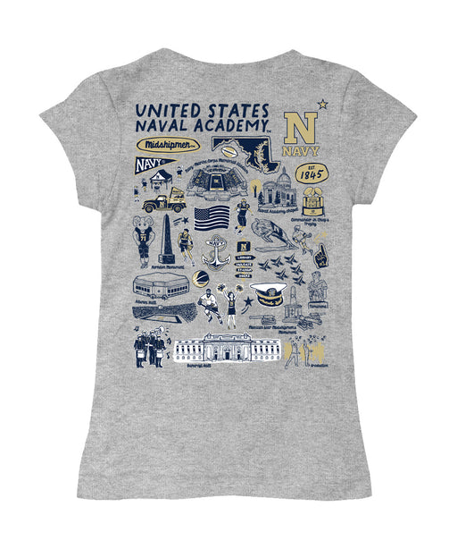 US Naval Academy Midshipmen Hand Sketched Vive La Fete Impressions Artwork Grey Girls Cotton Short Sleeve Tee - Vive La Fête - Online Apparel Store