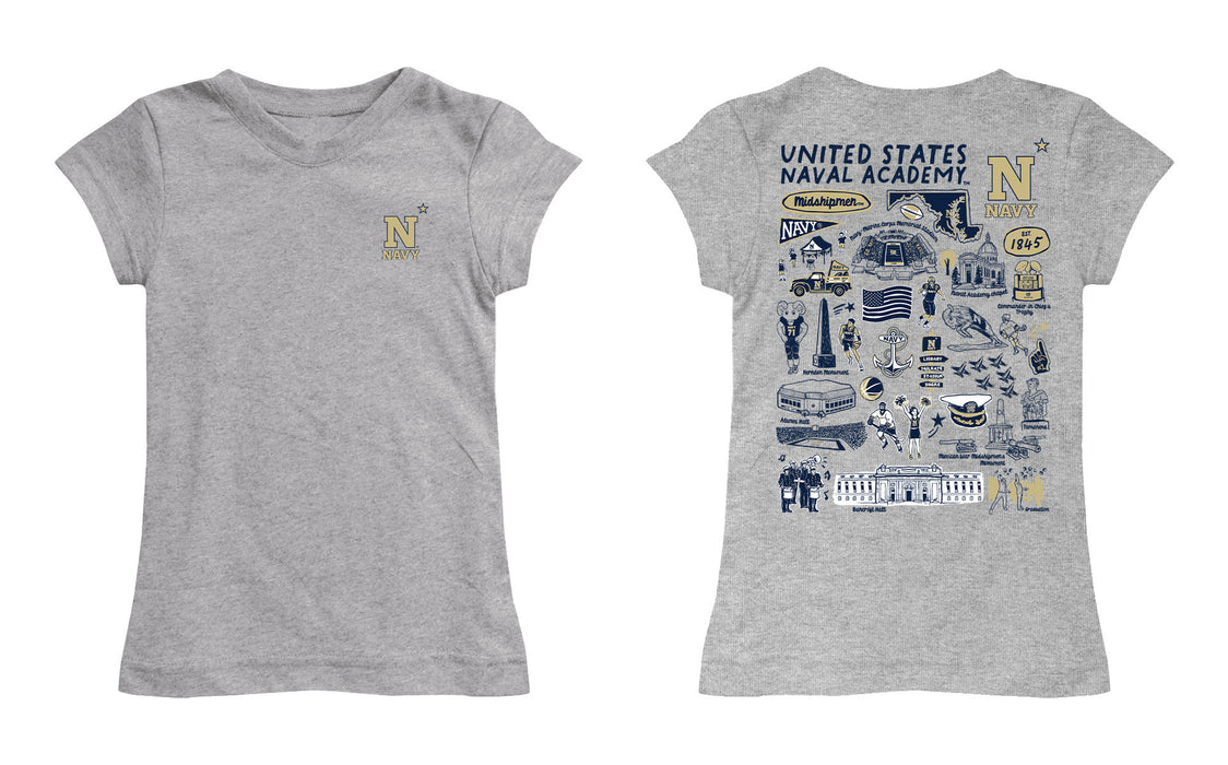 US Naval Academy Midshipmen Hand Sketched Vive La Fete Impressions Artwork Grey Girls Cotton Short Sleeve Tee - Vive La Fête - Online Apparel Store