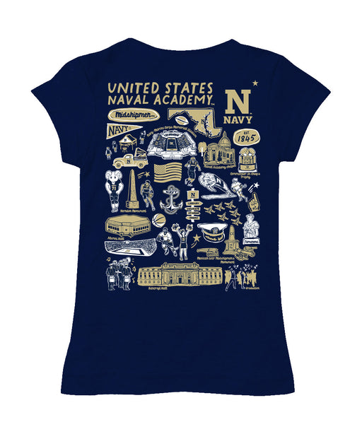 US Naval Academy Midshipmen Hand Sketched Vive La Fete Impressions Artwork Navy Girls Cotton Short Sleeve Tee - Vive La Fête - Online Apparel Store