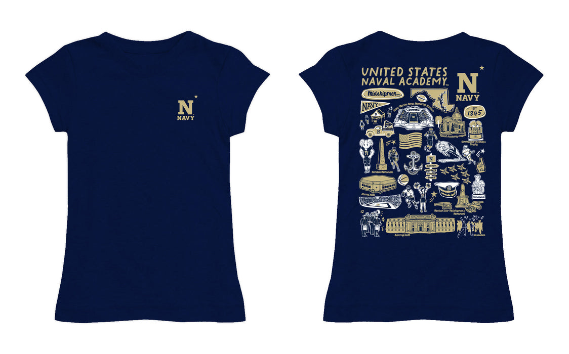 US Naval Academy Midshipmen Hand Sketched Vive La Fete Impressions Artwork Navy Girls Cotton Short Sleeve Tee - Vive La Fête - Online Apparel Store
