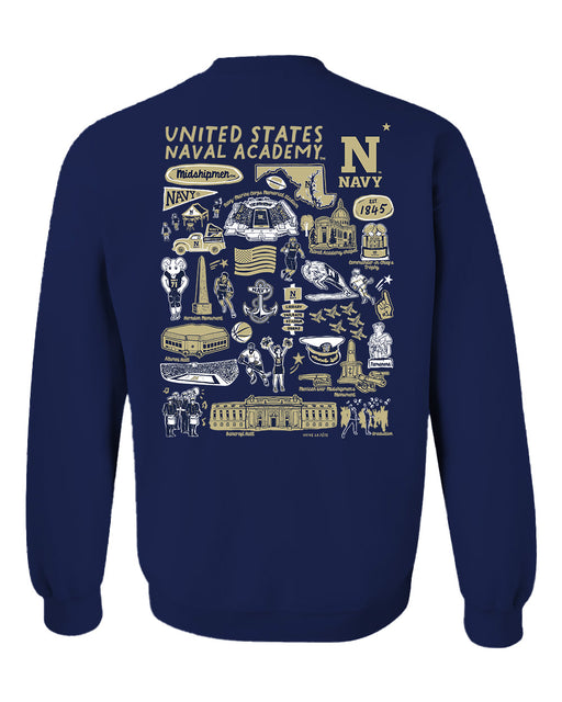 US Naval Academy Midshipmen Hand Sketched Artwork Navy Crewneck Sweatshirt for Women - Vive La Fête - Online Apparel Store